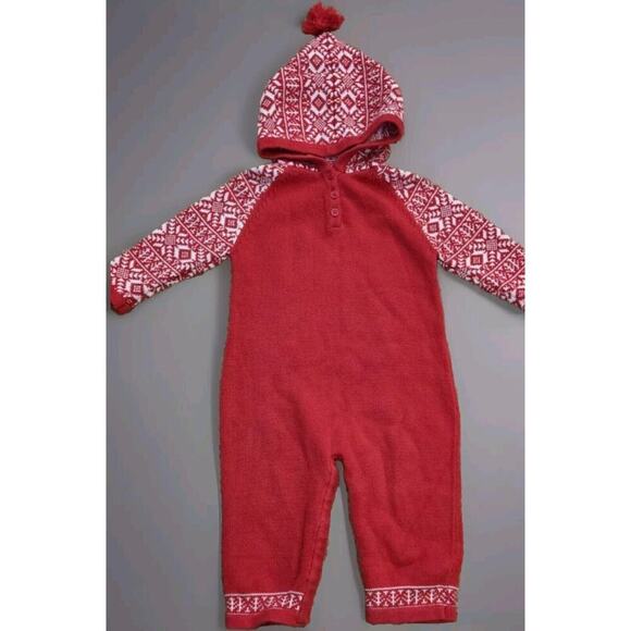 HANNA ANDERSSON SWEATER-KNIT HOODED RED NORDIC SNOWFLAKE ROMPER - SZ 80/18-24MOS - Picture 1 of 7